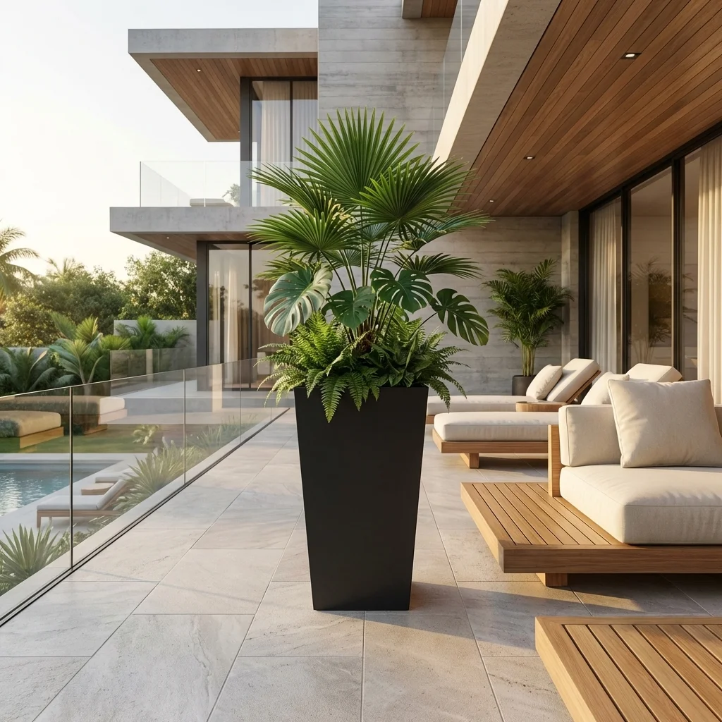 Czarna metalowa donica trapezowa do ogrodu z rośliną na nowoczesnym tarasie