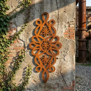 Dekor ścienny metalowy góralski Kwiat Podhalański zamontowany na ścianie z cegły i tynku