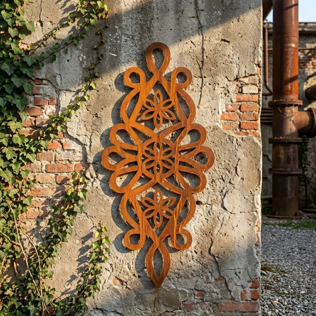 Dekor ścienny metalowy góralski Kwiat Podhalański zamontowany na ścianie z cegły i tynku