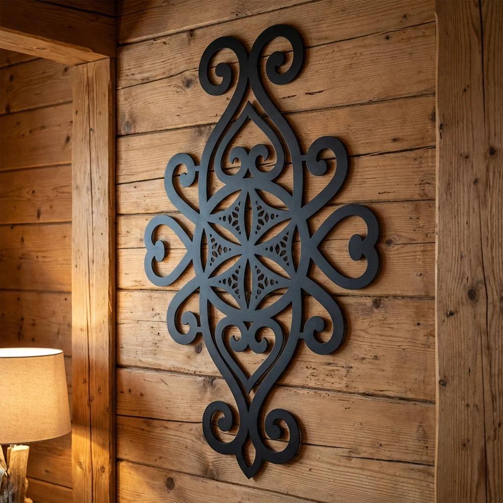 Dekor ścienny metalowy góralski Rozeta Podhalańska zawieszony na drewnianej ścianie