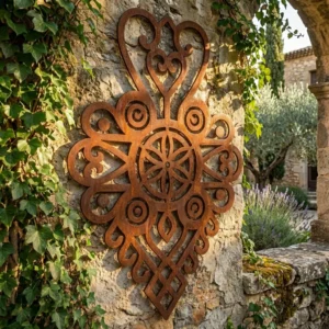 Dekor ścienny metalowy góralski Serce Rozety Podhalańskiej zamontowany na kamiennej ścianie