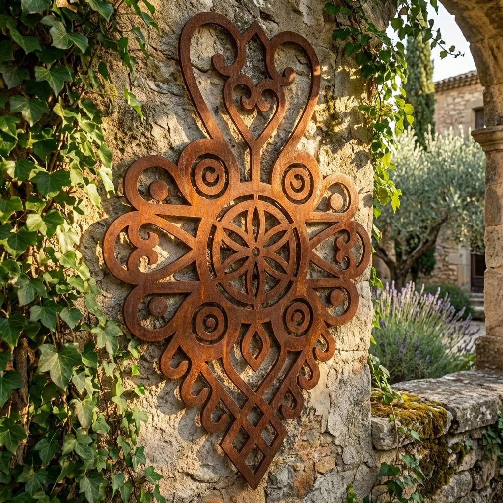 Dekor ścienny metalowy góralski Serce Rozety Podhalańskiej zamontowany na kamiennej ścianie