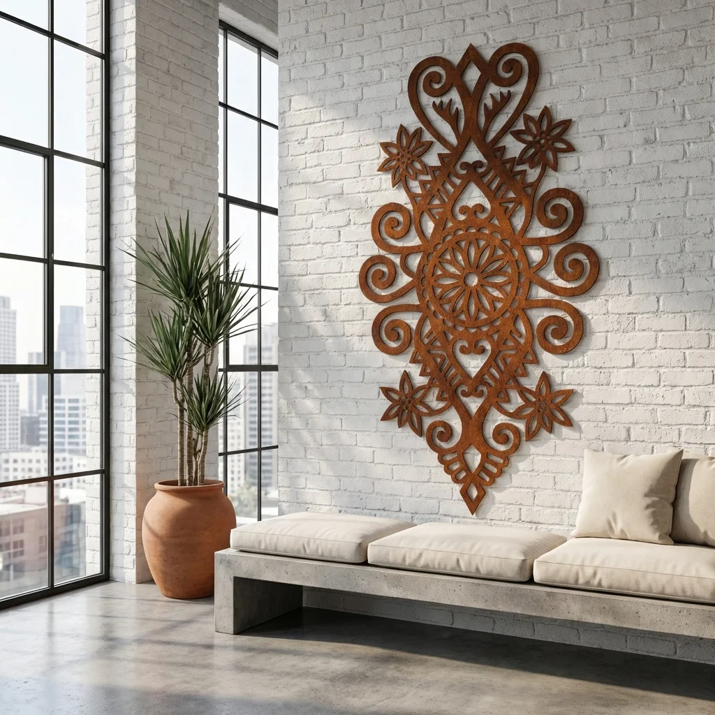 Dekor ścienny metalowy góralski Słoneczna Rozeta Podhalańska na jasnej ceglanej ścianie