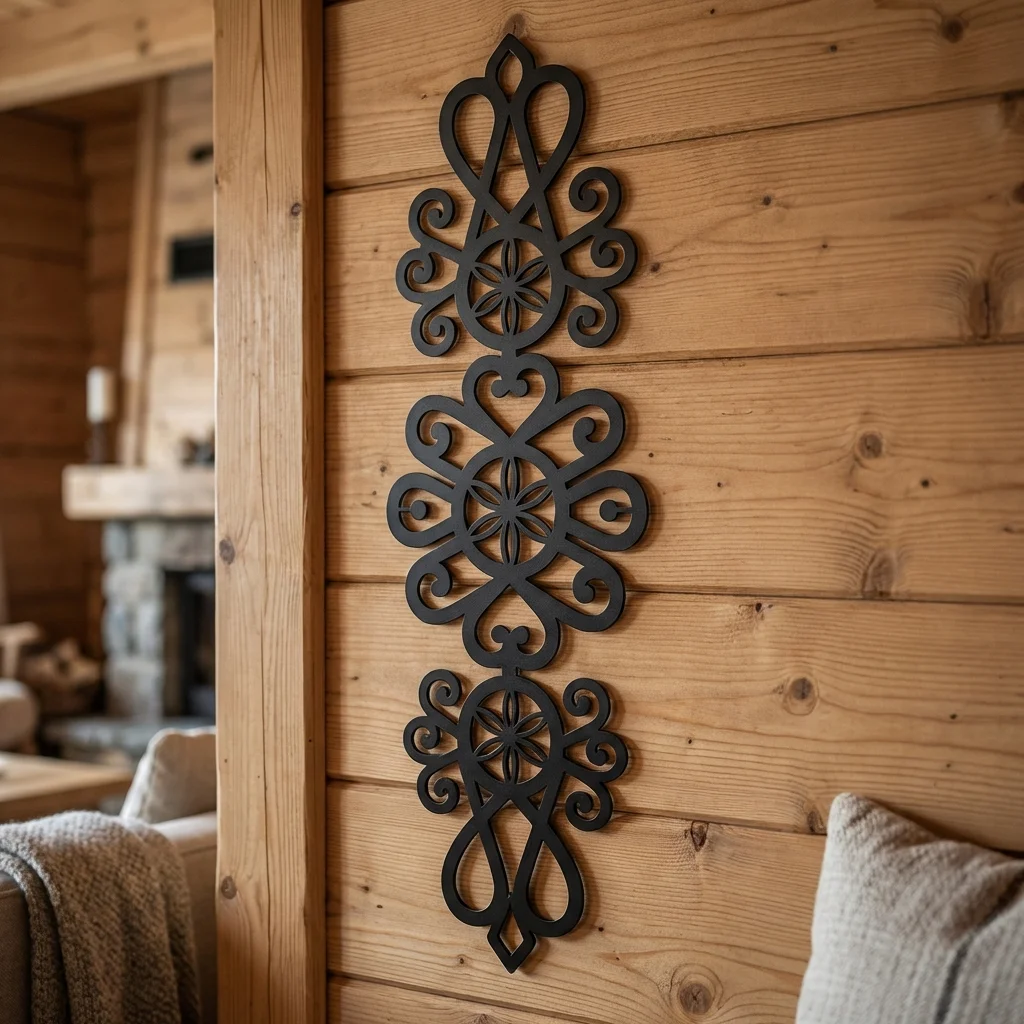 Dekor ścienny metalowy góralski Tryptyk Podhalański zawieszony na drewnianej ścianie