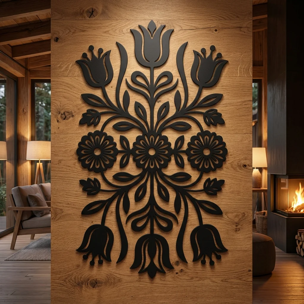 Dekor ścienny metalowy kaszubski z motywem bukietu kwiatów na drewnianej ścianie