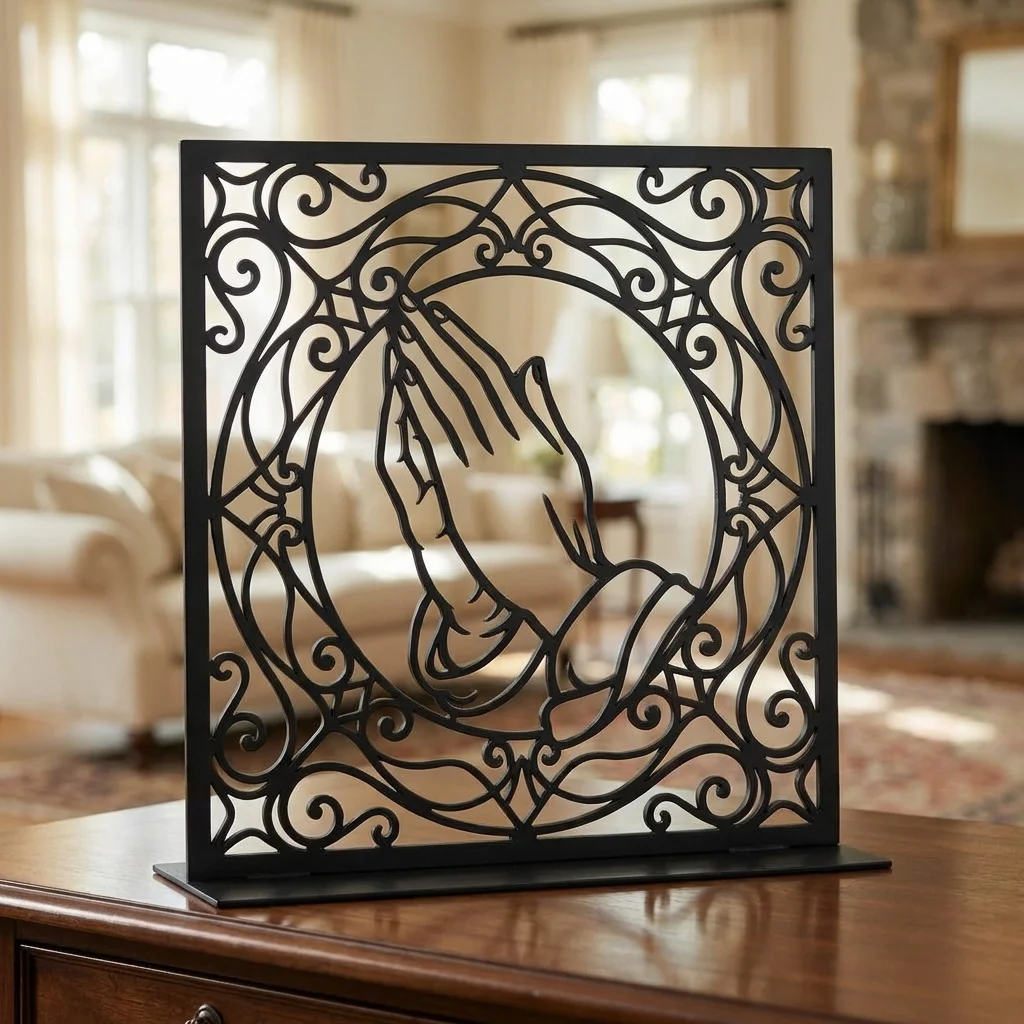 Dłonie Modlitwy w Ramie – metalowa dekoracja wolnostojąca ustawiona na drewnianej komodzie w eleganckim wnętrzu