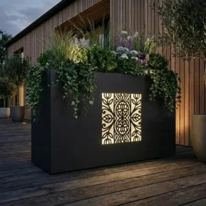 Donica LED kaszubska z podświetlanym wzorem kaszubskiej rozety na tarasie