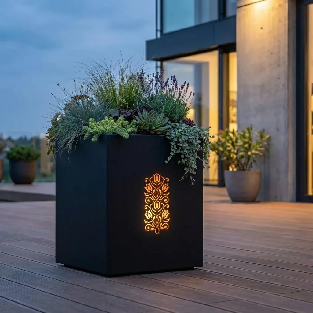 Donica LED kaszubska z podświetlanym pionowym wzorem tulipanów na tarasie