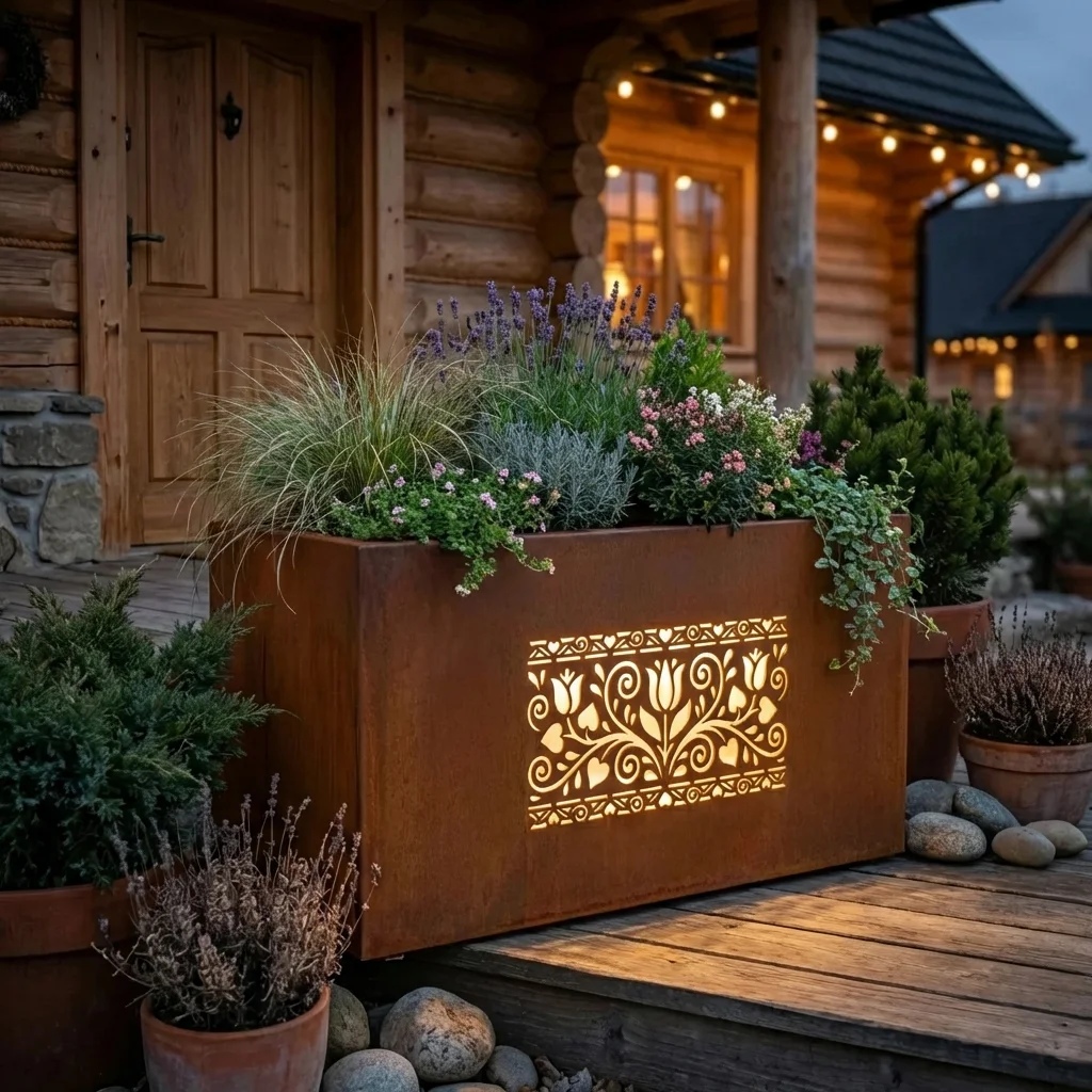 Donica LED kaszubska z podświetlanym wzorem ogrodu tulipanów przy drewnianym domu