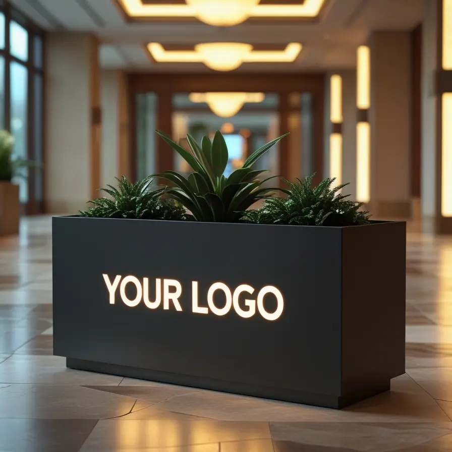 Donica LED z podświetlanym logo w nowoczesnym wnętrzu lobby