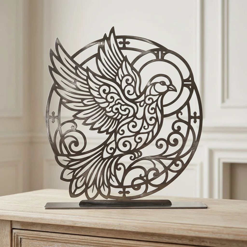 Duch Święty Gloria – metalowa dekoracja wolnostojąca ustawiona na jasnej komodzie w eleganckim wnętrzu