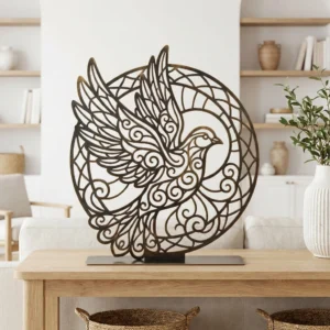 Duch Święty Witraż – metalowa dekoracja wolnostojąca ustawiona na jasnej komodzie w nowoczesnym wnętrzu