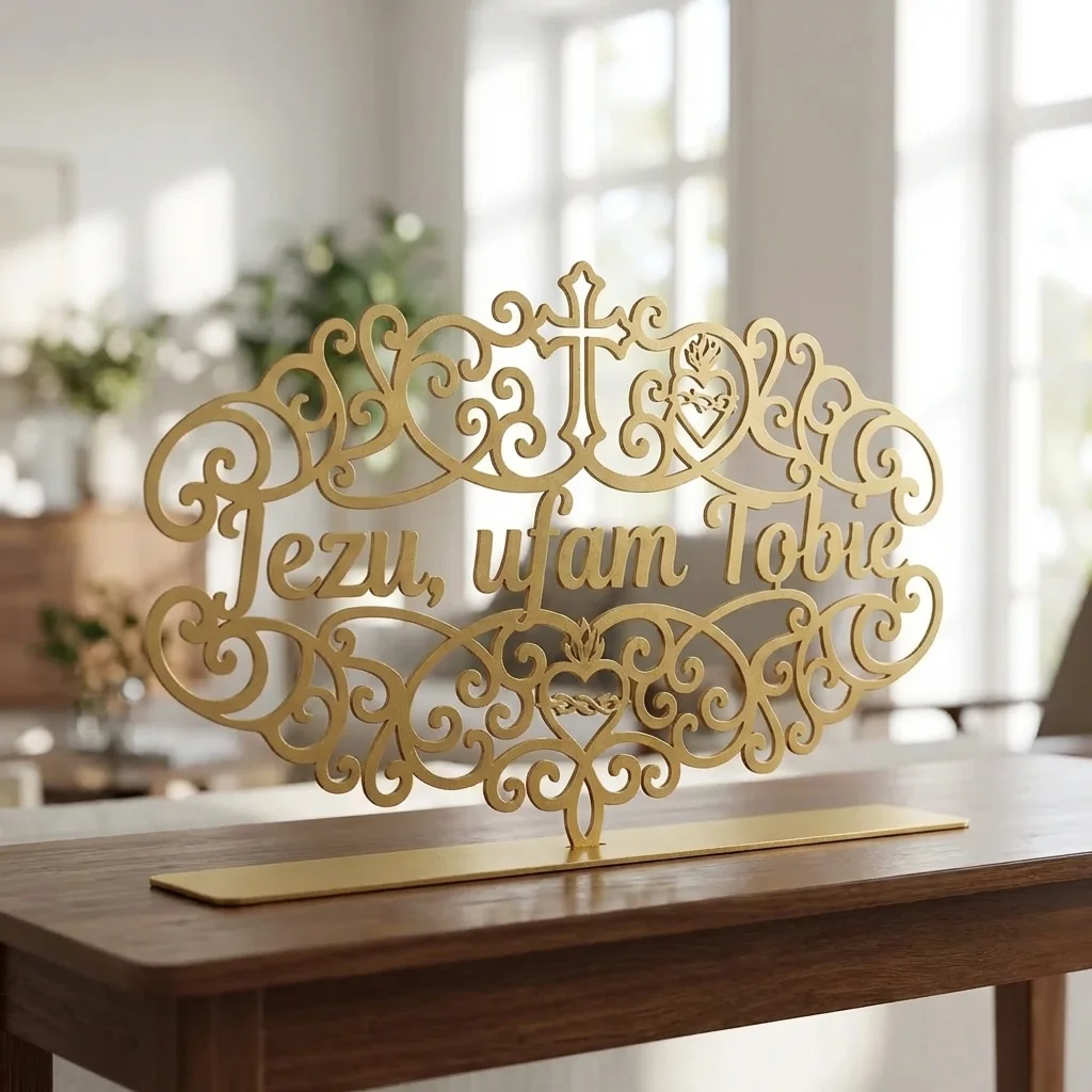 Jezu, Ufam Tobie – metalowa dekoracja wolnostojąca ustawiona na drewnianym stole w jasnym wnętrzu