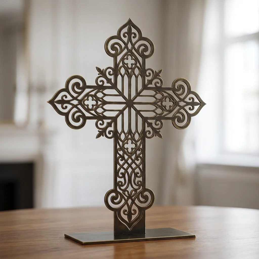 Krzyż Gotycki Ornament – metalowa dekoracja wolnostojąca ustawiona na drewnianym stole w jasnym wnętrzu