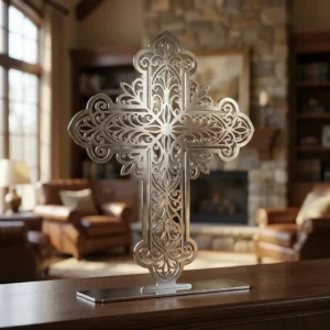 Krzyż Ornament Królewski – metalowa dekoracja wolnostojąca ustawiona na drewnianej komodzie w eleganckim wnętrzu