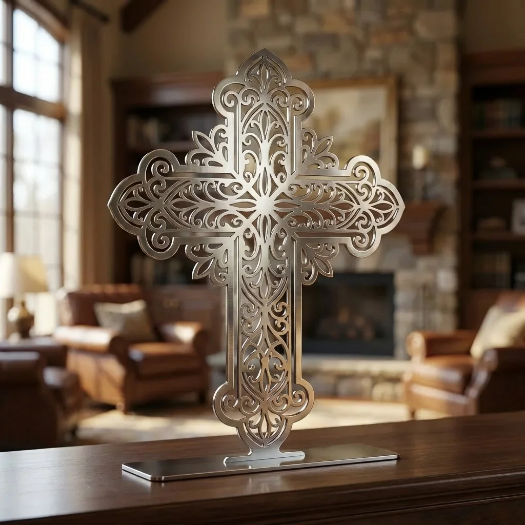 Krzyż Ornament Królewski – metalowa dekoracja wolnostojąca ustawiona na drewnianej komodzie w eleganckim wnętrzu