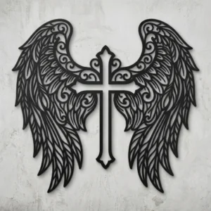 Krzyż Pod Skrzydłami Anioła – metalowa dekoracja ścienna