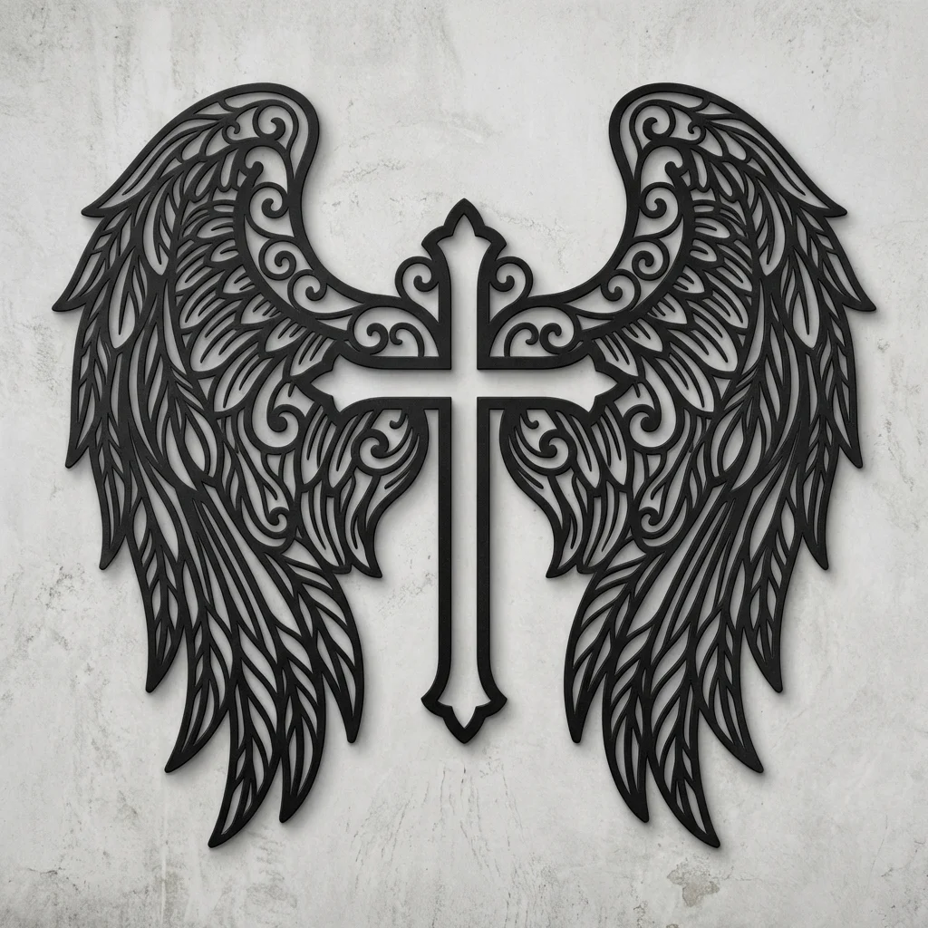 Krzyż Pod Skrzydłami Anioła – metalowa dekoracja ścienna