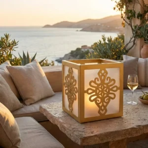 Lampion Góralska Gwiazda – złoty metalowy lampion z góralskim motywem rozety ustawiony na kamiennym stole