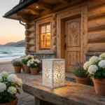 Lampion Góralskie Serce – biały metalowy lampion z ażurowym góralskim wzorem ustawiony na drewnianym stole