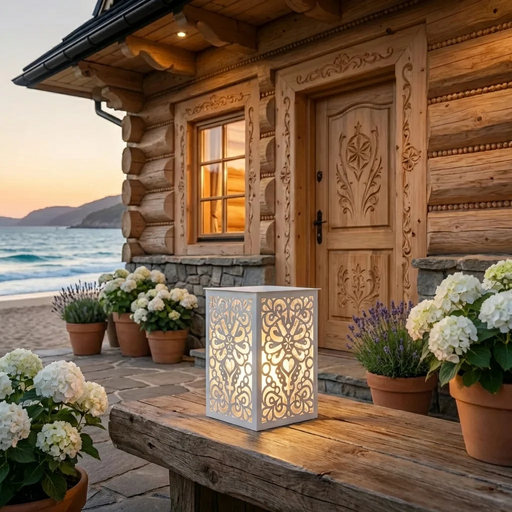 Lampion Góralskie Serce – biały metalowy lampion z ażurowym góralskim wzorem ustawiony na drewnianym stole