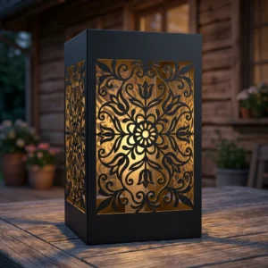 Lampion metalowy Kwiatowa Symetria z ażurowym wzorem na tarasie