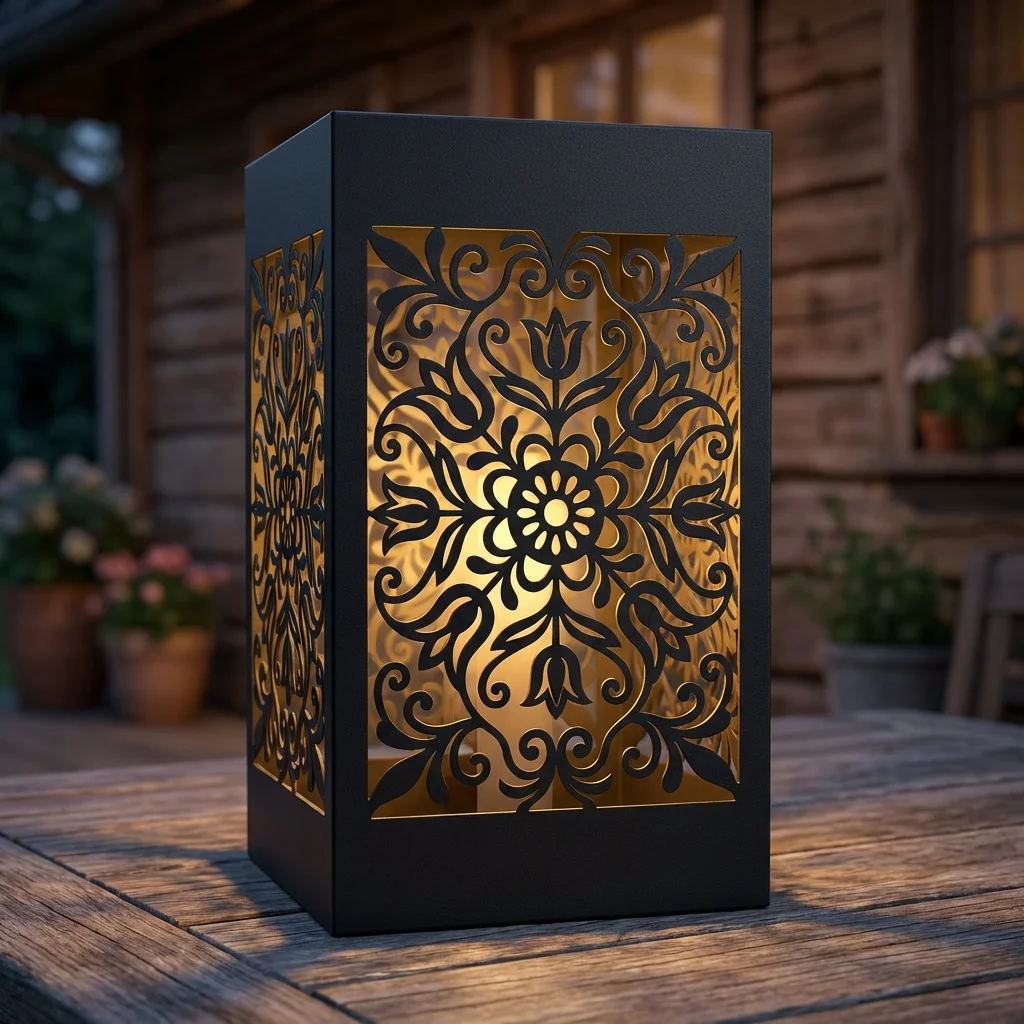 Lampion metalowy Kwiatowa Symetria z ażurowym wzorem na tarasie