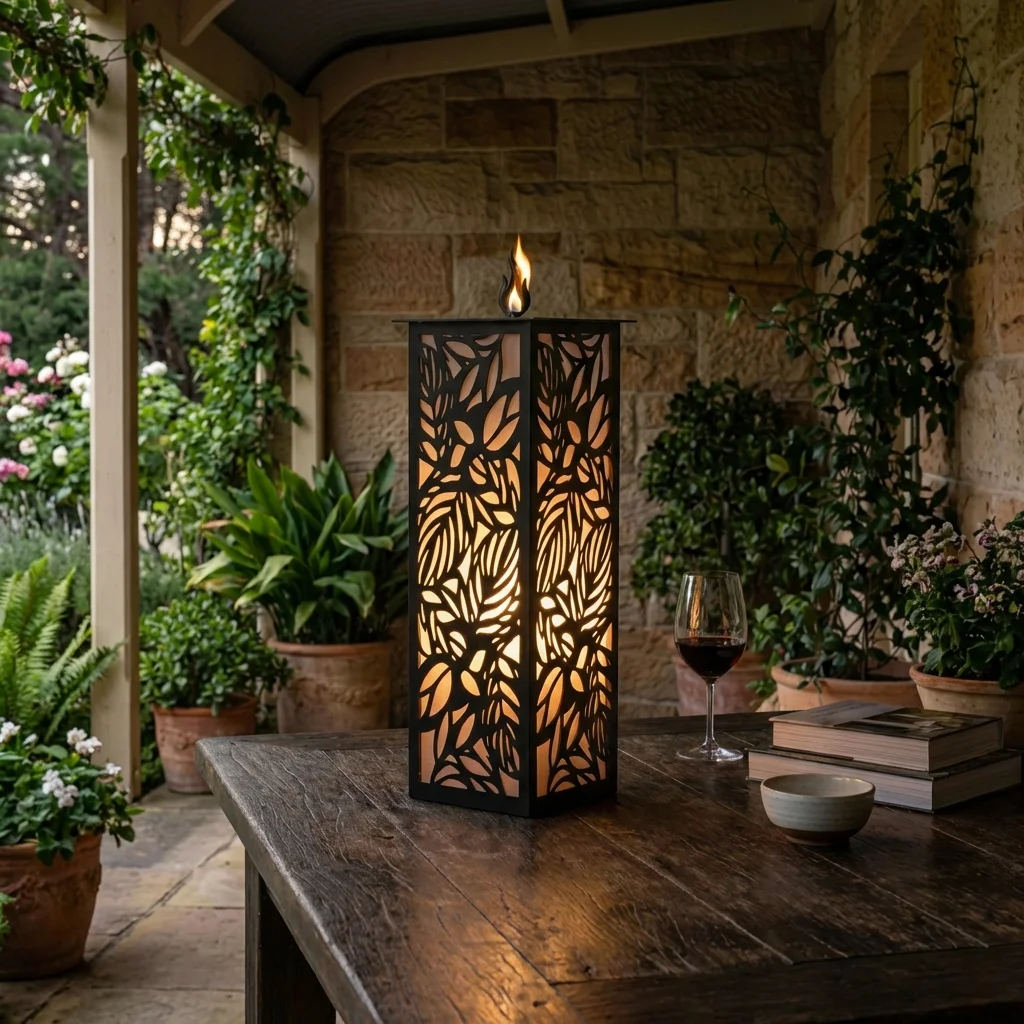 Lampion Liść Płomień – biały metalowy lampion z ażurowym wzorem liści ustawiony na tarasie