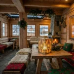 Lampion Parzenica Królewska – złoty metalowy lampion z ażurowym góralskim wzorem ustawiony na drewnianym stole