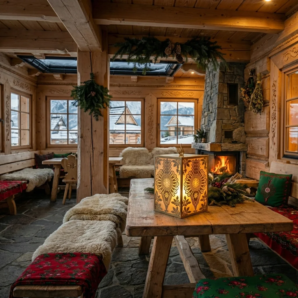 Lampion Parzenica Królewska – złoty metalowy lampion z ażurowym góralskim wzorem ustawiony na drewnianym stole