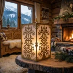 Lampion Ptasia Symetria – metalowy lampion z ażurowym wzorem ptaków ustawiony na drewnianym stoliku przy kominku