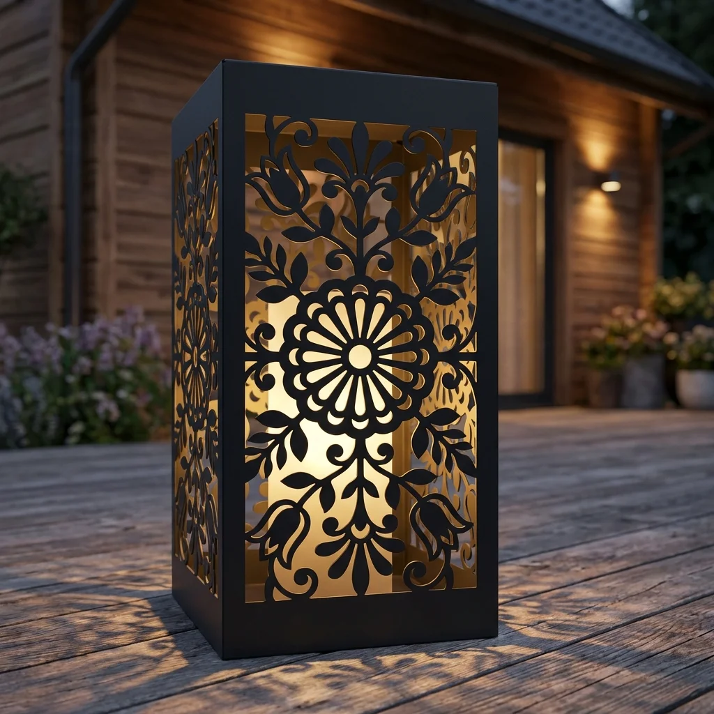 Lampion metalowy Rozeta Kwiatowa z ażurowym wzorem na tarasie