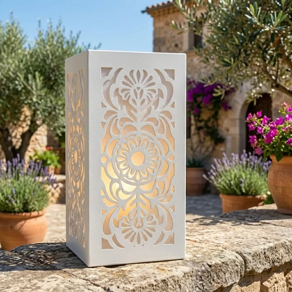 Lampion metalowy Słoneczna Rozeta z ażurowym wzorem w jasnej aranżacji ogrodowej