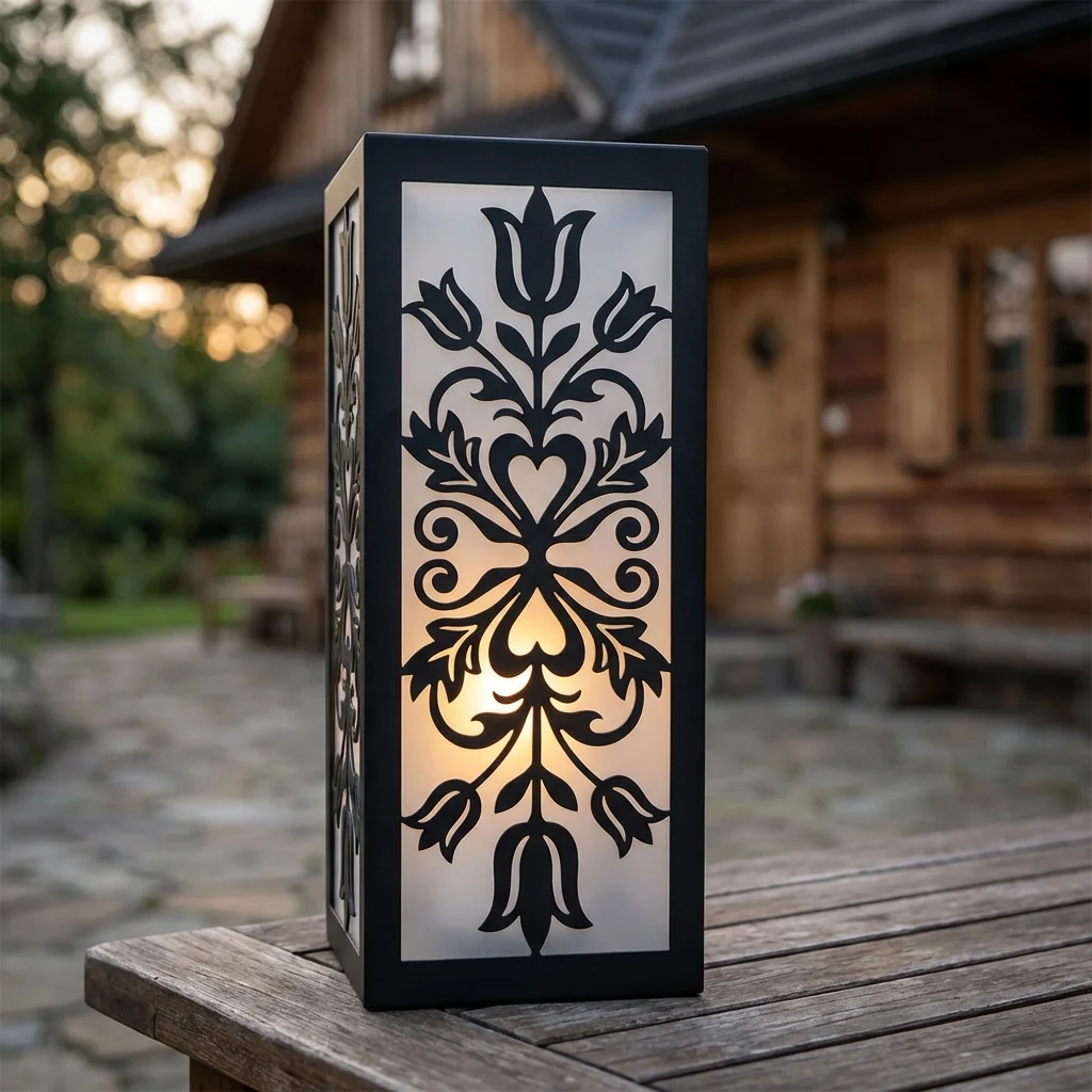 Lampion metalowy Tulipanowe Serce z ażurowym wzorem na tarasie przy drewnianym domu