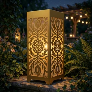 Lampion metalowy Złota Rozeta Tulipanów z ażurowym wzorem w ogrodzie wieczorem