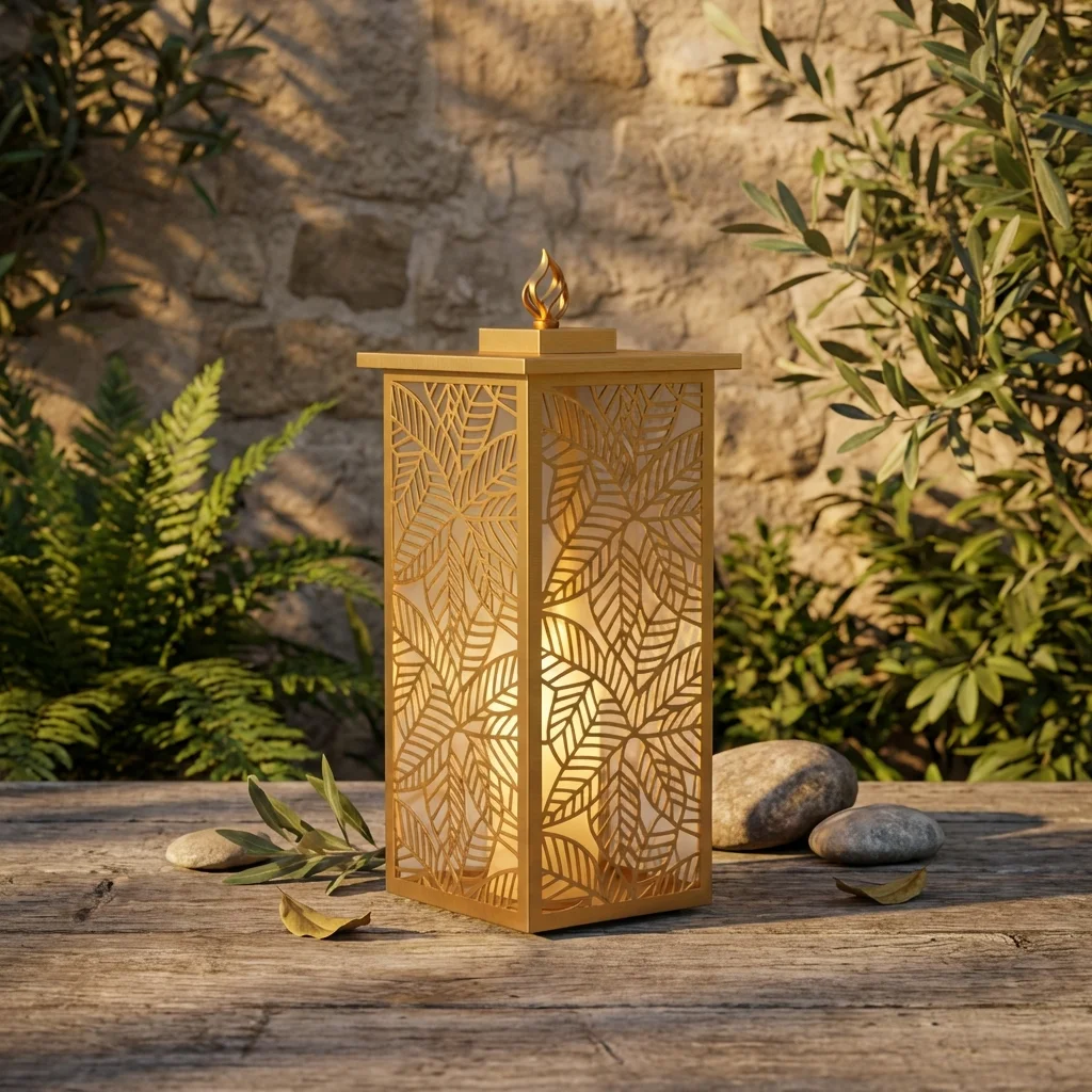 Lampion Złoty Liść – złoty metalowy lampion z ażurowym wzorem liści ustawiony na drewnianym stole