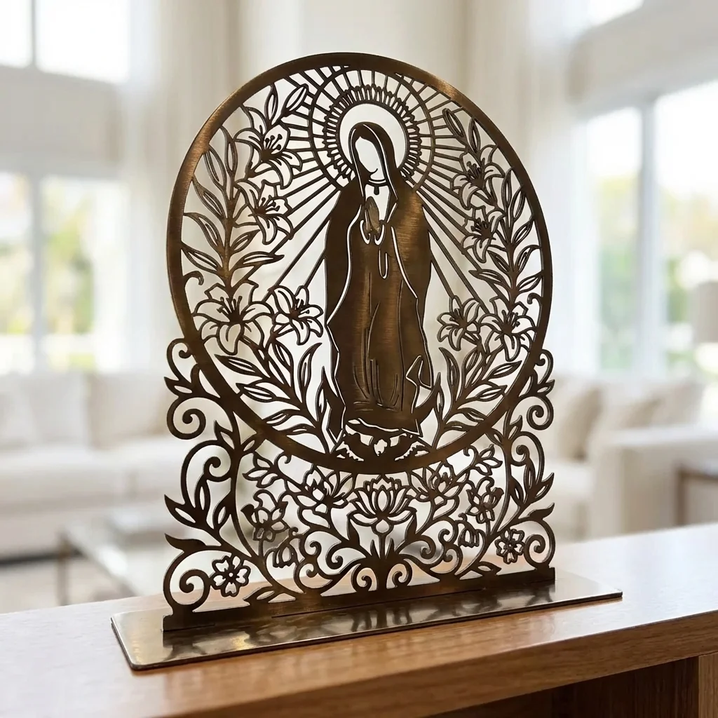 Matka Boża Liliowa – metalowa dekoracja wolnostojąca ustawiona na drewnianej komodzie w jasnym wnętrzu