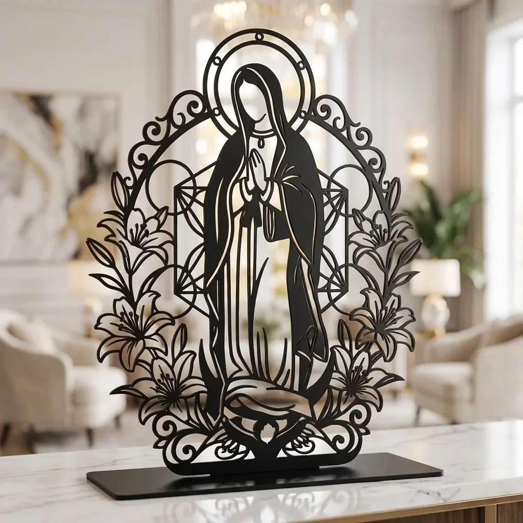 Matka Boża w Liliach – metalowa dekoracja wolnostojąca ustawiona na jasnym blacie w eleganckim wnętrzu