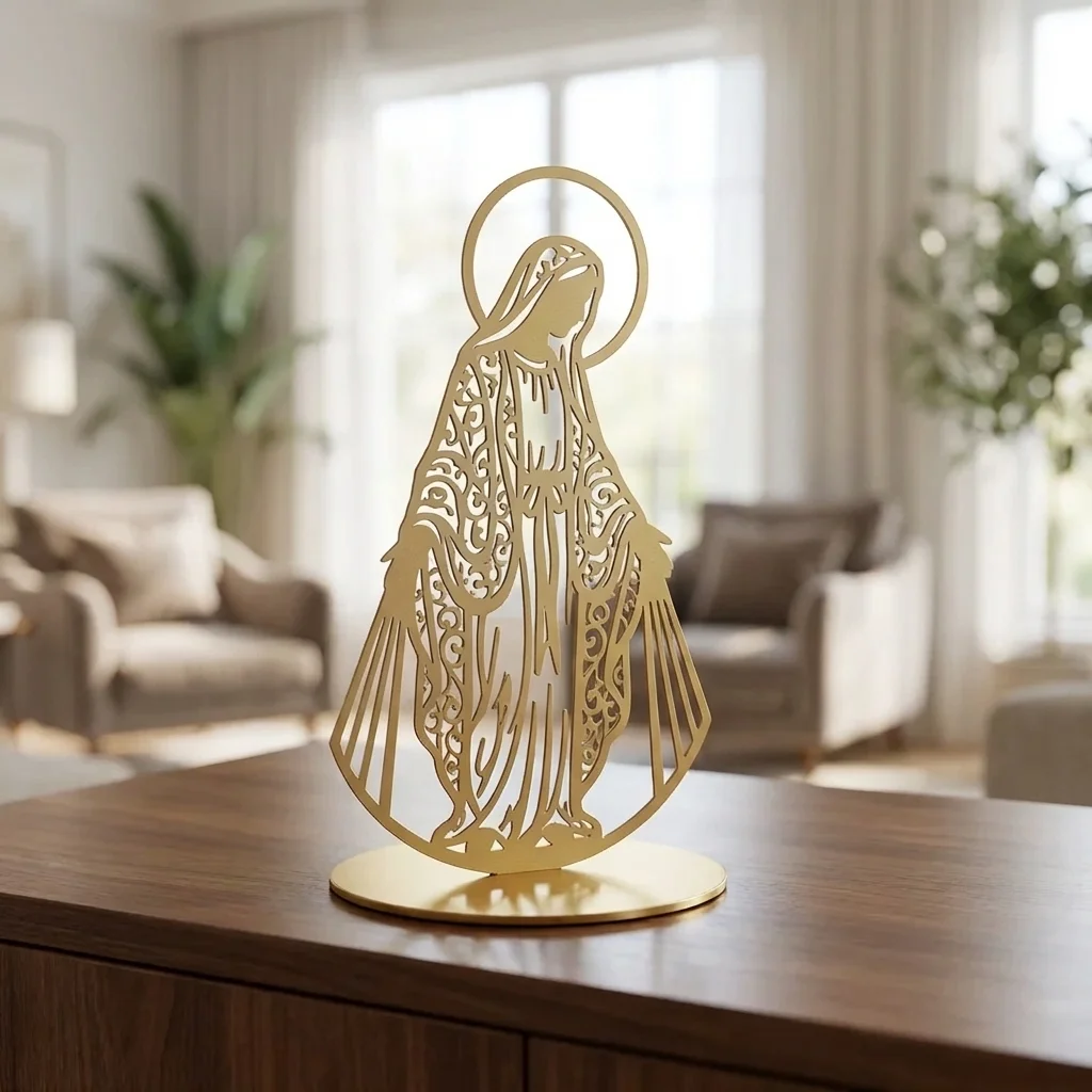 Matka Łaski – metalowa dekoracja wolnostojąca ustawiona na drewnianej komodzie w jasnym wnętrzu