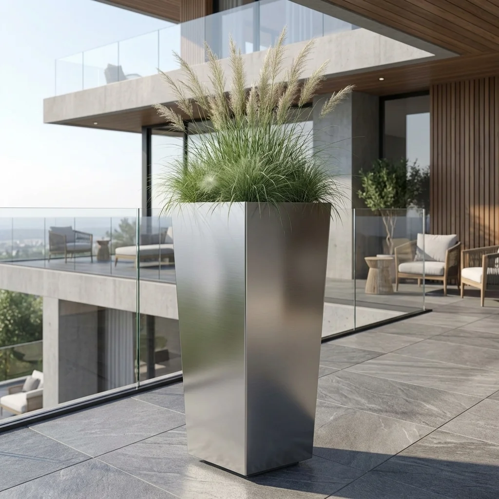 Metalowa donica trapezowa ze stali szczotkowanej do ogrodu z trawą ozdobną na nowoczesnym tarasie