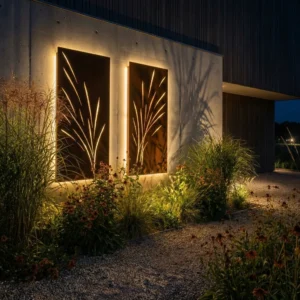 Panele dekoracyjne metalowe Trawy Światła – zestaw dwóch ażurowych paneli inspirowanych trawami w wykończeniu corten