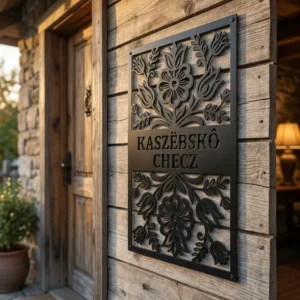 Panel dekoracyjny metalowy Kaszubska Chëcz z kaszubskim ornamentem kwiatowym i napisem