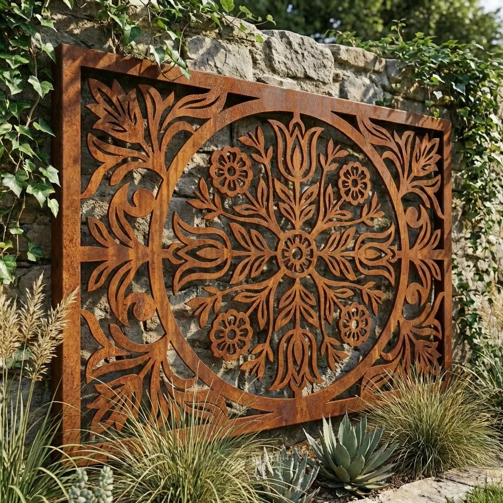 Panel dekoracyjny metalowy Kaszubska Rozeta Kwiatów z ażurowym motywem kwiatowej rozety