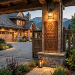 Panel dekoracyjny metalowy góralski Góralski Klimat Parzenica zamontowany na drewnianej elewacji przy wejściu do domu