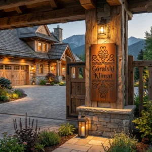 Panel dekoracyjny metalowy góralski Góralski Klimat Parzenica zamontowany na drewnianej elewacji przy wejściu do domu
