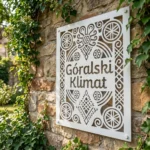 Panel dekoracyjny metalowy góralski Góralski Klimat Rozeta zamontowany na kamiennej ścianie w ogrodzie