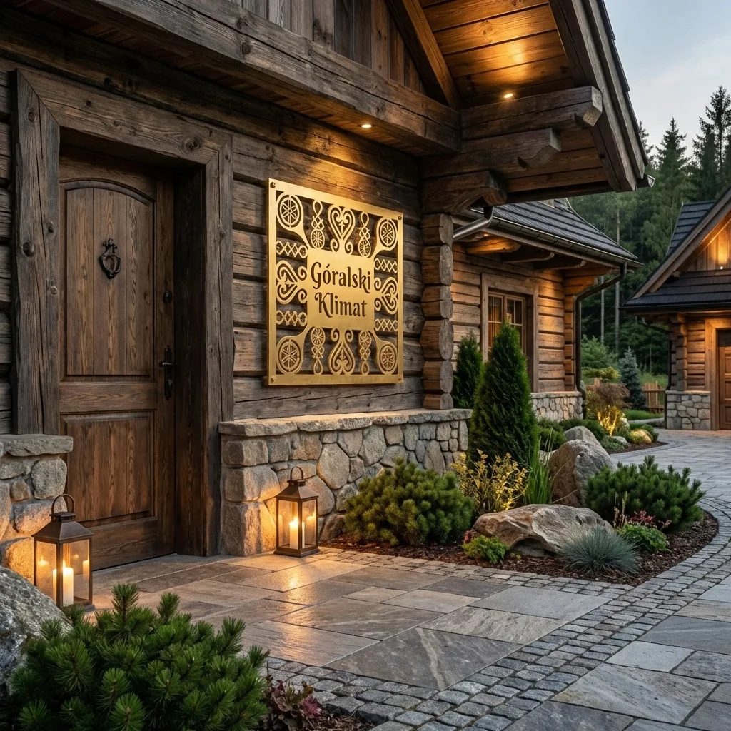 Panel dekoracyjny metalowy góralski Góralski Klimat Serca Podhala zamontowany na ceglanej ścianie w ogrodzie