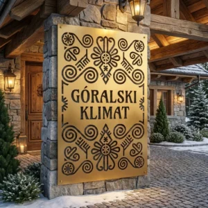 Panel dekoracyjny metalowy góralski Góralski Klimat zamontowany na kamiennym słupie przy wejściu do domu