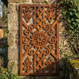 Panel dekoracyjny metalowy góralski Rozeta Parzenic Podhala zamontowany na kamiennej ścianie w ogrodzie