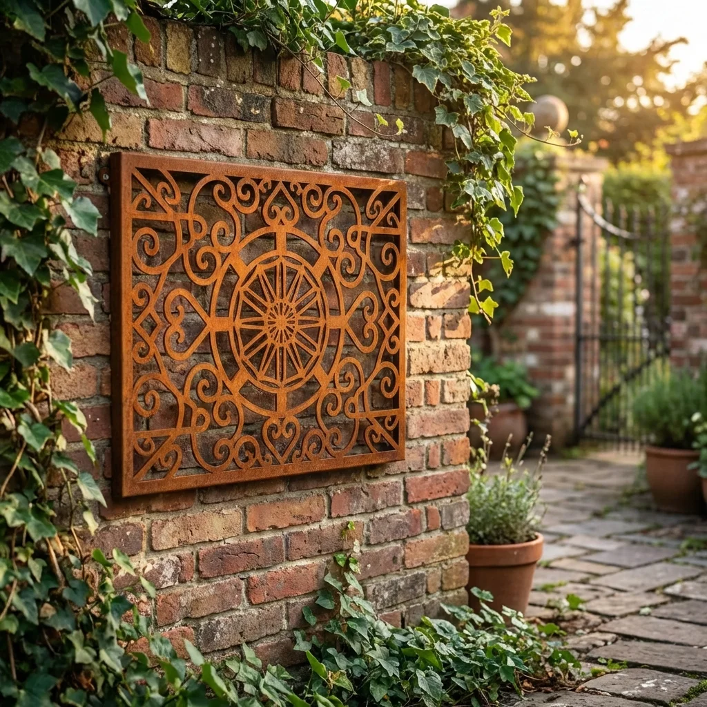 Panel dekoracyjny metalowy góralski Rozeta Serca Podhala w kolorze corten zamontowany na ceglanej ścianie